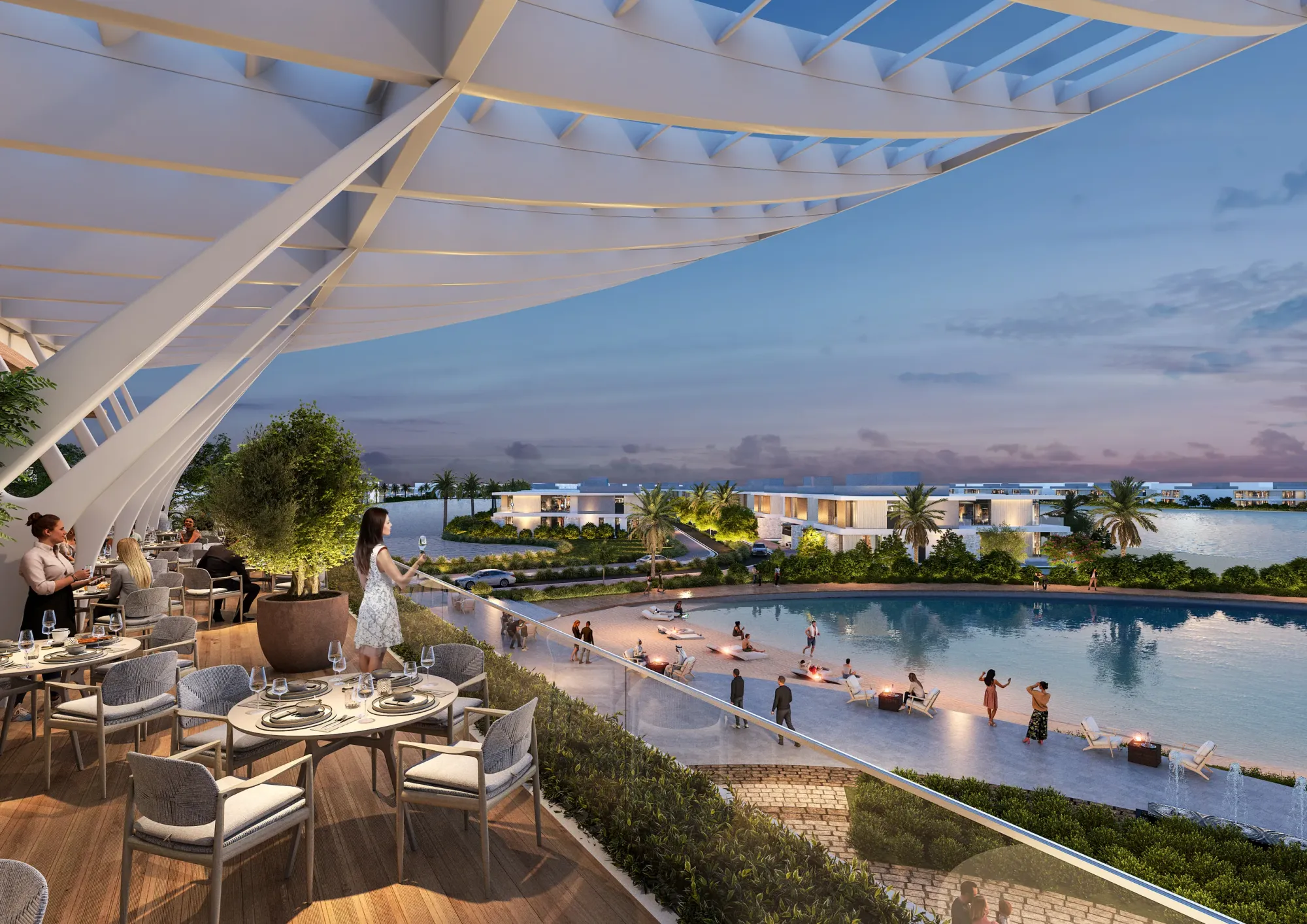 Taras restauracji nad laguną o zachodzie, Sobha Siniya Island, Umm Al Quwain